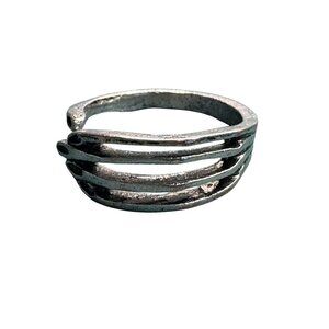Open Band Silver-Toned Textured Ring With Unique Layered Design